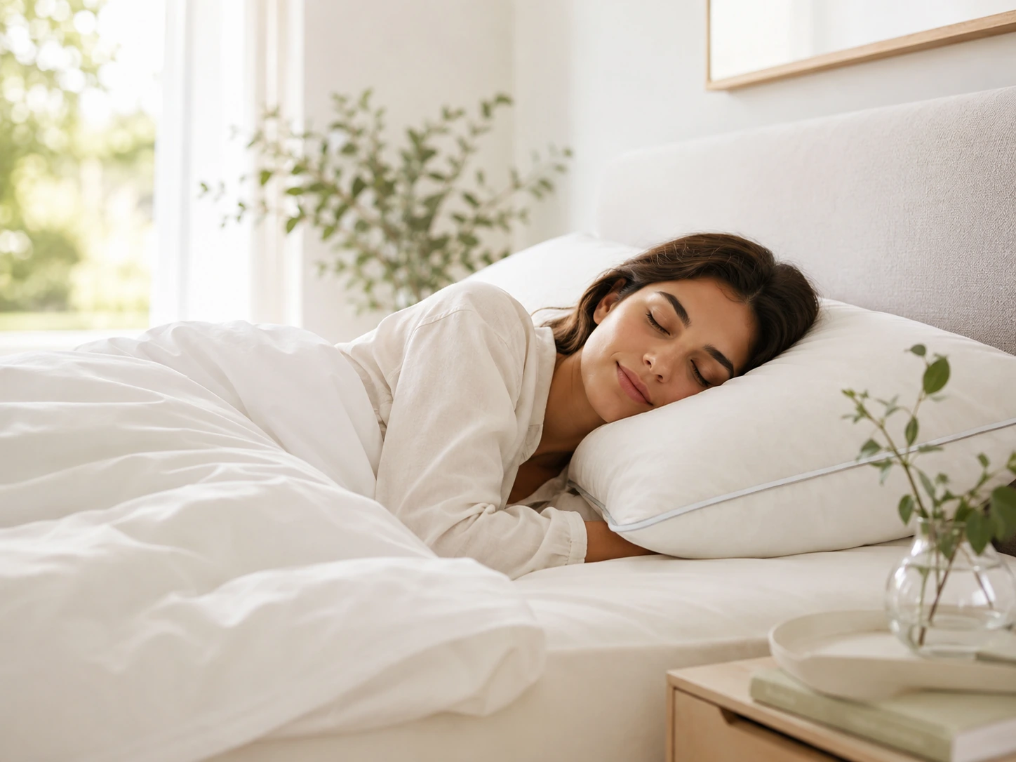 Persona descansando de lado sobre una almohada en un dormitorio luminoso